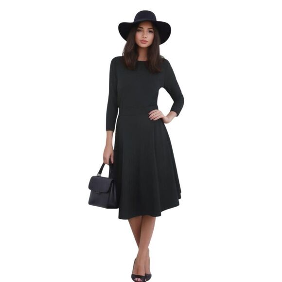 Unique Vintage Black V-Back 1950's Inspired Swing Belted Dress Size M - Picture 1 of 8